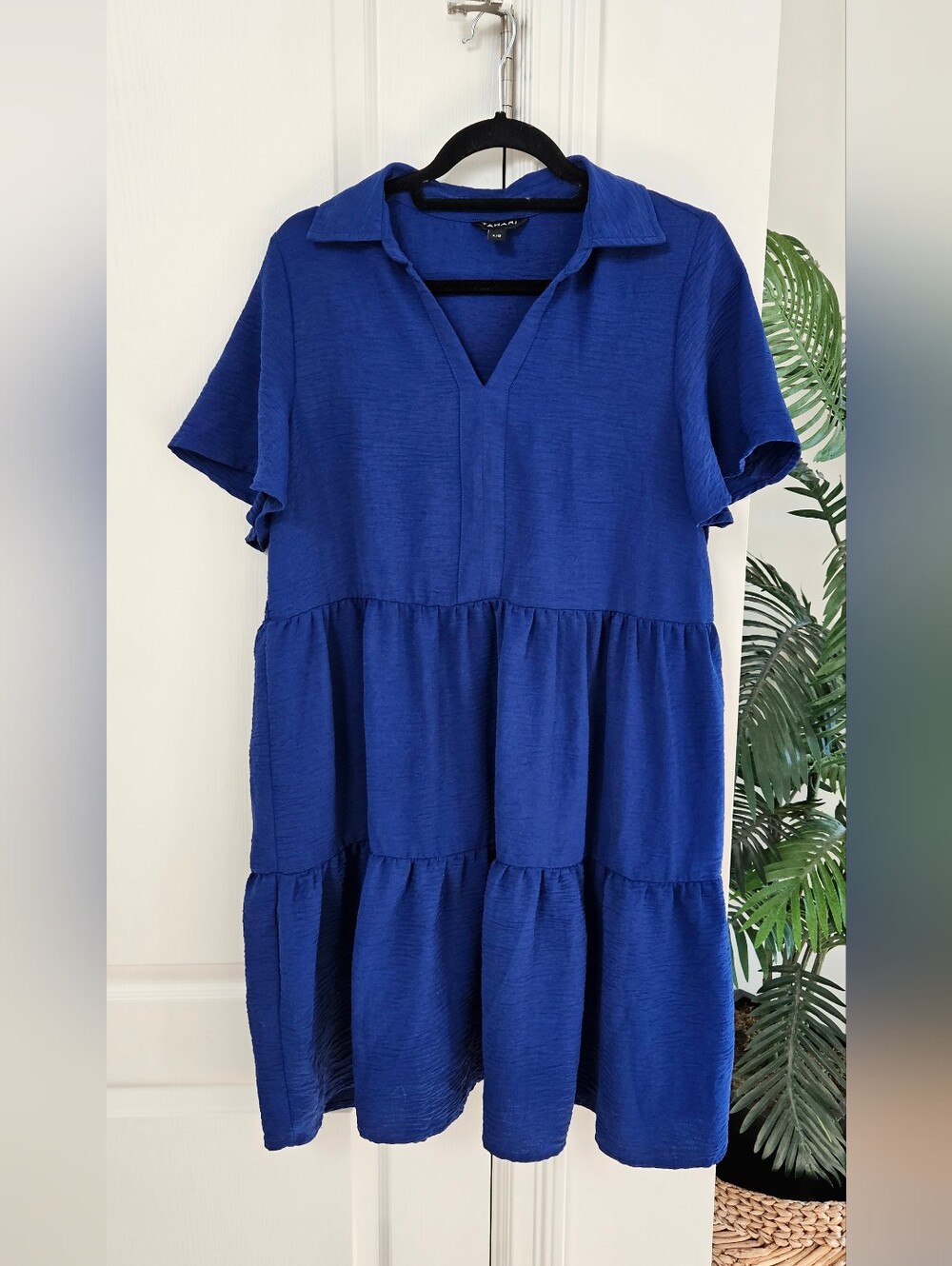 Blue Tiered V-Neck Collared Women’s Top